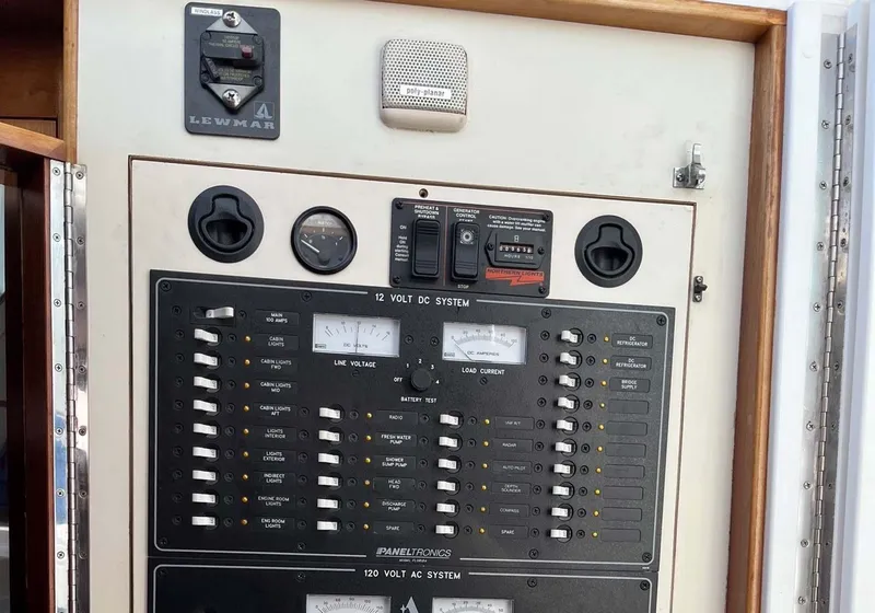Slide: The Image of Electrical panel of a 2005 Albin 31 Tournament Express boat, featuring various switches and gauges. - 11