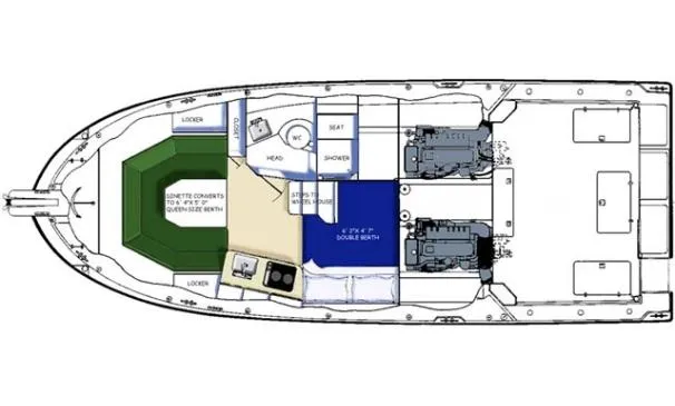 Slide: The Image of Floor plan of a 2005 Albin 31 Tournament Express boat, featuring cabin and engine layout. - 26