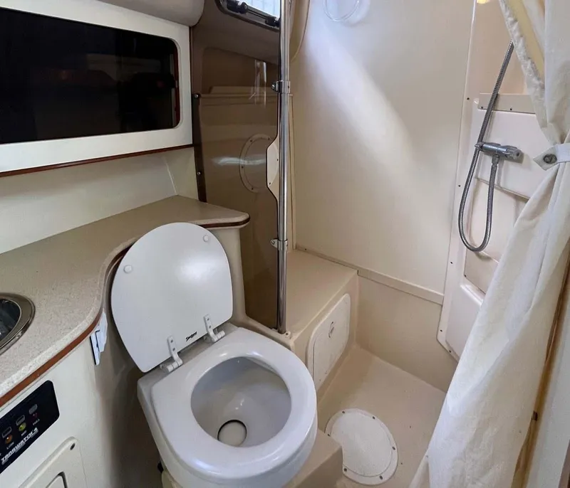 Slide: The Image of 2005 Albin 31 Tournament Express bathroom with toilet and shower. - 6
