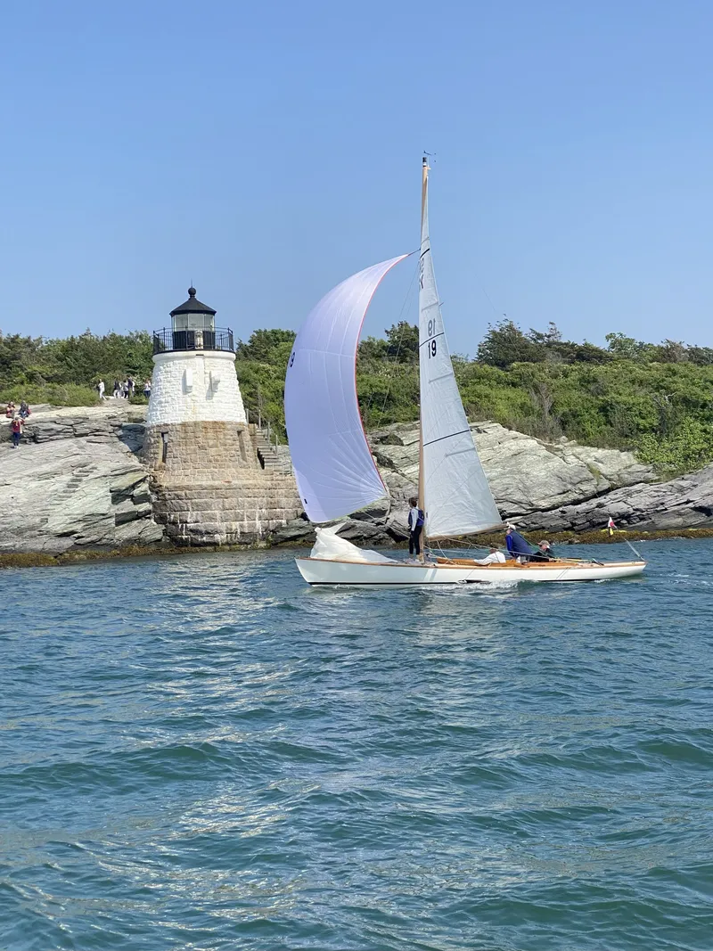 Slide: The Image of Sailboat near lighthouse, Edey & Duff Stuart Knockabout, 1995. - 2