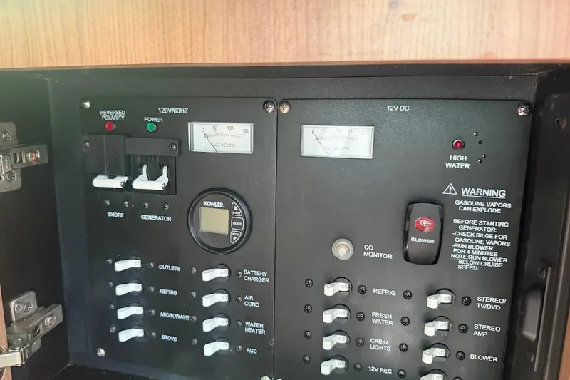 Slide: The Image of Control panel of a 2017 Boston Whaler 285 Conquest boat, featuring various switches and gauges. - 44
