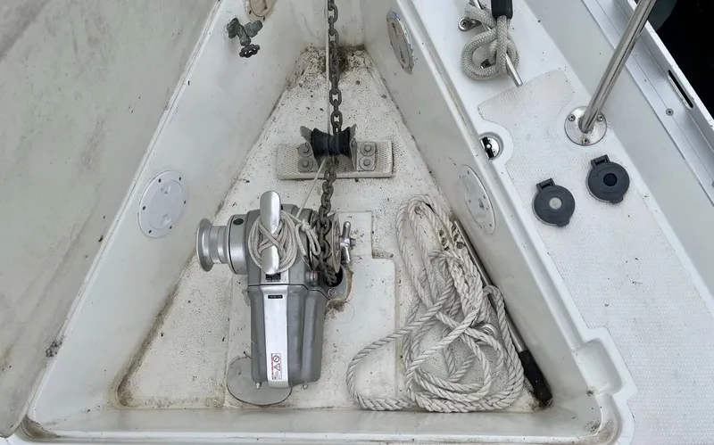 Slide: The Image of Anchor windlass and ropes on Islander Yachts Freeport 36, 1977 model. - 14