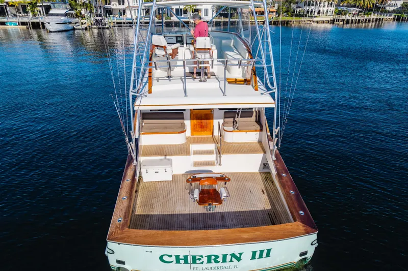 Slide: The Image of 2004 B&D 65 Flybridge yacht on water, rear view, with person at helm. - 10