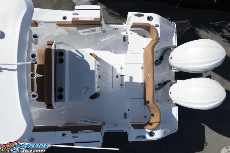 Slide: The Image of Overhead view of 2026 Sea Hunt Ultra 275 SE boat interior with dual engines. - 19