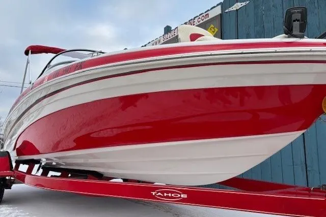 Slide: The Image of Red and white 2008 Tahoe Q5i SF boat on trailer, side view. - 3