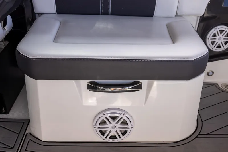 Slide: The Image of 2022 Monterey 275SS Super Sport boat seat with integrated speaker and storage handle. - 44