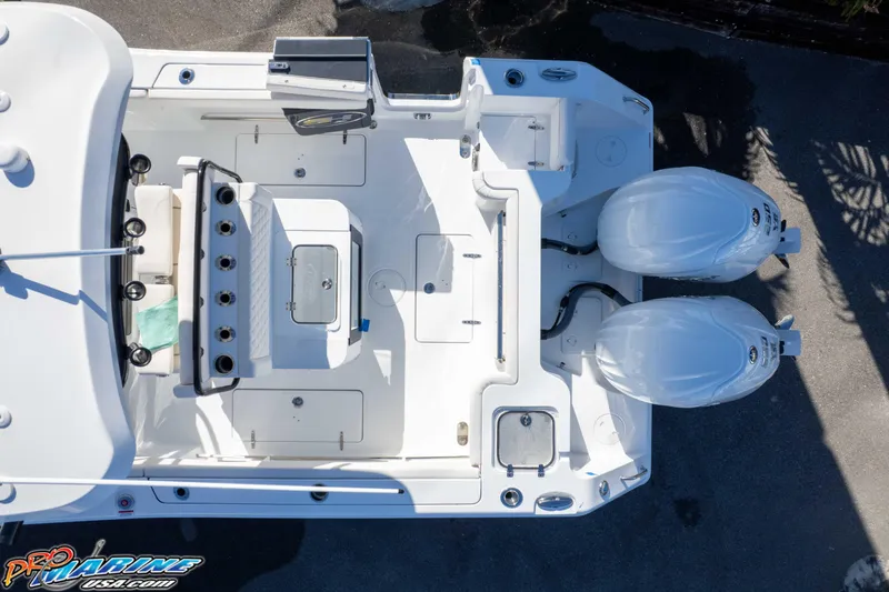 Slide: The Image of Overhead view of 2026 Sea Hunt Gamefish 27 Coffin Box boat with dual engines. - 42