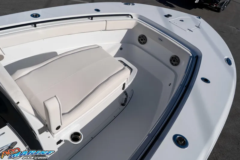 Slide: The Image of 2026 Sea Hunt Gamefish 27 Coffin Box boat interior with seating and speakers. - 49