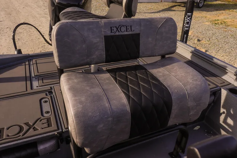 Slide: The Image of 2026 Excel 220 Bay Pro Elite boat seat with quilted design and logo. - 20