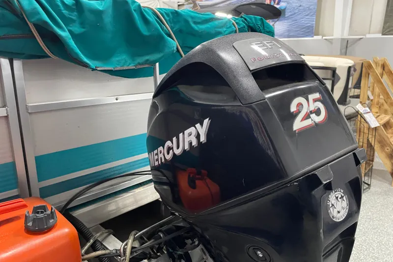 Slide: The Image of 1995 Weeres Fish 16 with Mercury 25 EFI outboard motor, covered in green tarp. - 5