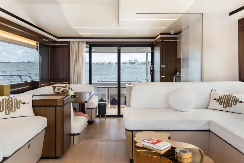 Slide: The Image of Luxurious interior of 2019 Absolute 58 FLY yacht with elegant seating and ocean view. - 15