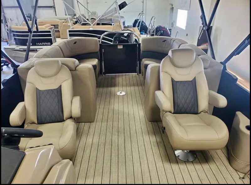 Slide: The Image of Interior of 2022 Starcraft SLS3 Tritoon with luxurious seating. - 2