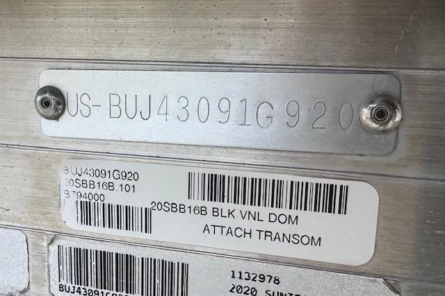 Slide: The Image of 2020 Sun Tracker Bass Buggy 16 DLX hull identification number and barcode labels. - 29