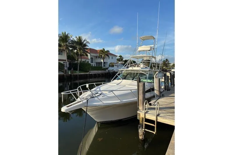 Slide: The Image of 2007 Bertram 360 yacht docked by palm trees under a clear blue sky. - 4