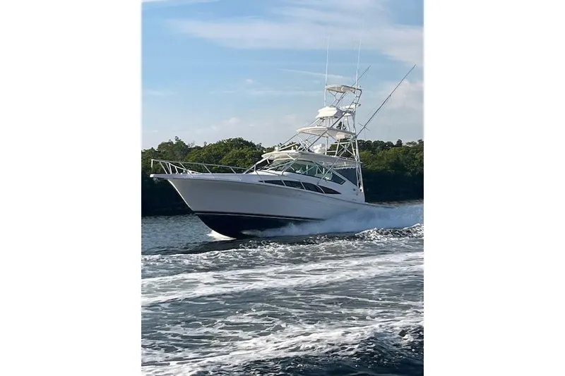 Slide: The Image of 2007 Bertram 360 yacht cruising on water with lush greenery in the background. - 7