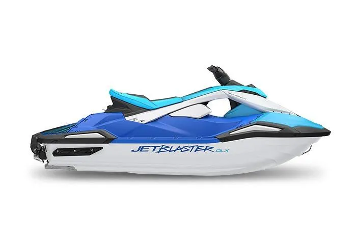 The Image of Manufacturer Provided Image: 2026 Yamaha WaveRunner JetBlaster DLX 2-Up, blue and white design, side view. - 0