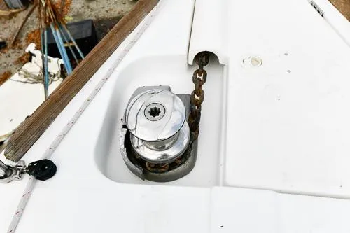 Slide: The Image of Beneteau Oceanis 46 sailboat hull, 2008 model, in dry dock for maintenance. - 24