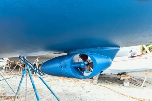 Slide: The Image of Propeller of 2008 Beneteau Oceanis 46 sailboat in dry dock. - 8