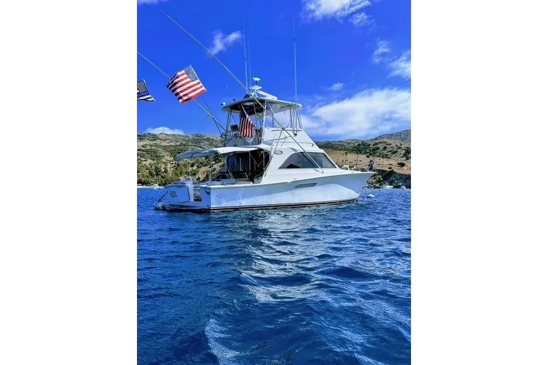 The Image of 1988 Ocean 44' Super Sport yacht on blue water, flags waving, scenic coastline backdrop. - 1