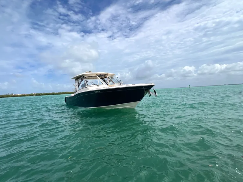 Slide: The Image of 2021 Grady-White Freedom 325 boat on open sea. - 9