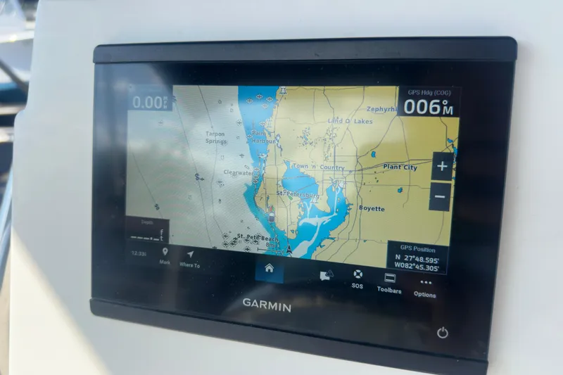 Slide: The Image of Garmin GPS display on 2024 Key West 189 FS boat, showing navigation map. - 25