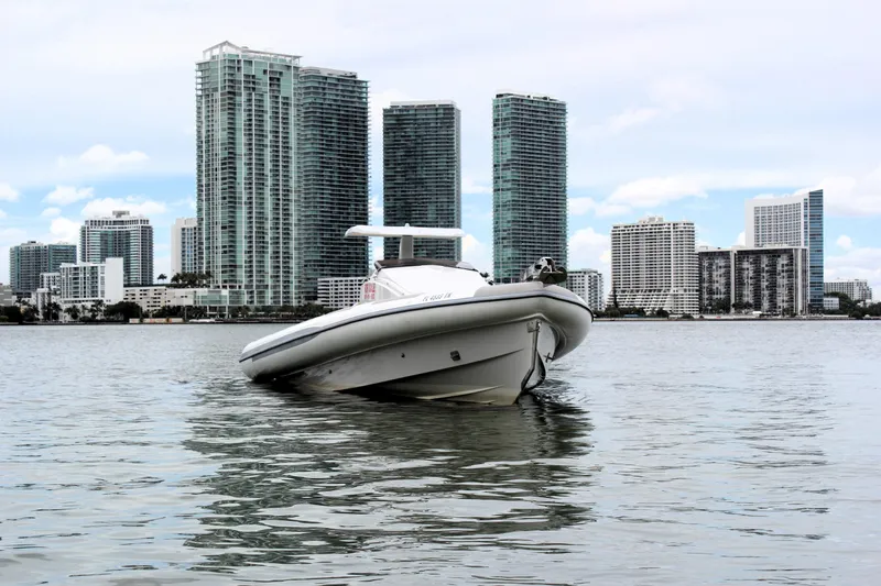Slide: The Image of 2013 Zeta Elle 34 Custom boat on water with city skyline background. - 9