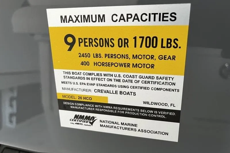 Slide: The Image of Crevalle 26 HCO 2025 boat capacity label, 9 persons or 1700 lbs, 400 horsepower. - 15