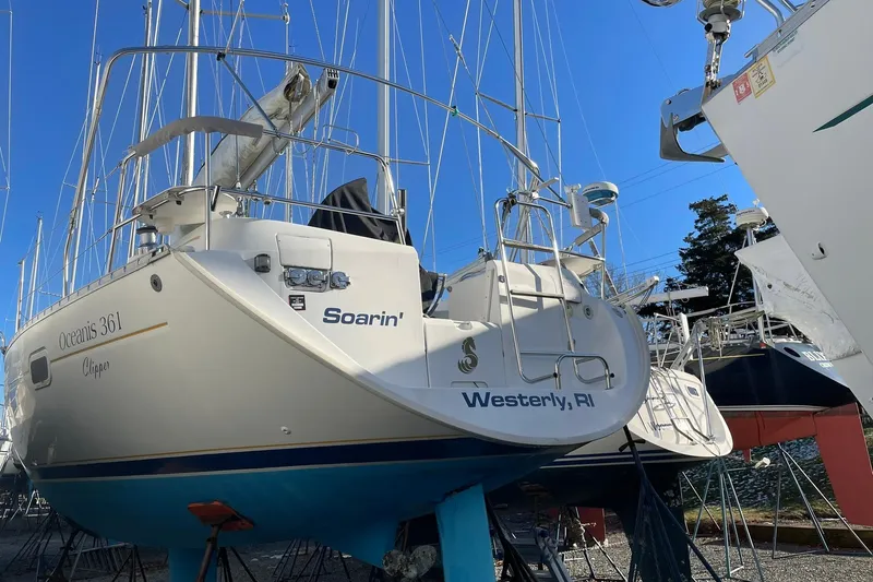 Slide: The Image of 2001 Beneteau Oceanis 361 sailboat, named "Soarin'," docked in Westerly, RI. - 38
