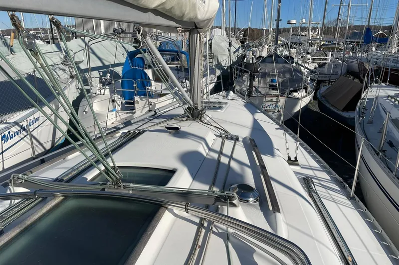 Slide: The Image of 2001 Beneteau Oceanis 361 sailboat on stands, ready for maintenance. - 7