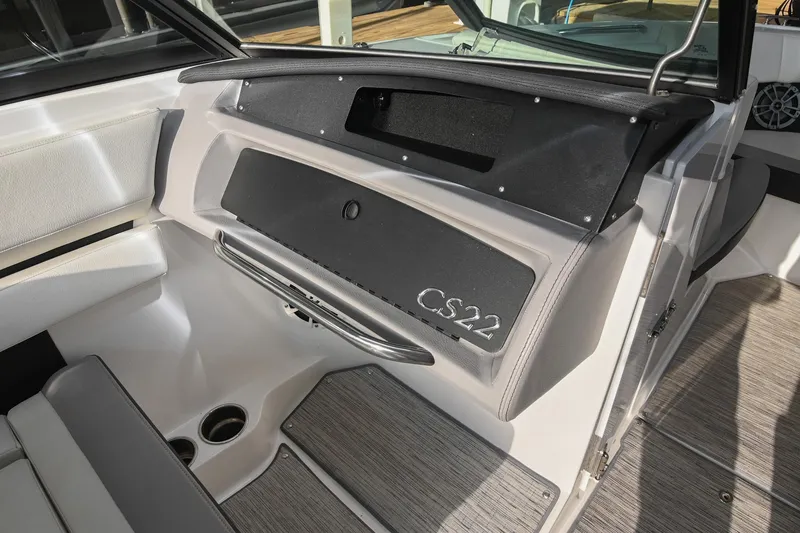 Slide: The Image of 2023 Cobalt CS22 boat interior with sleek design and modern features. - 28