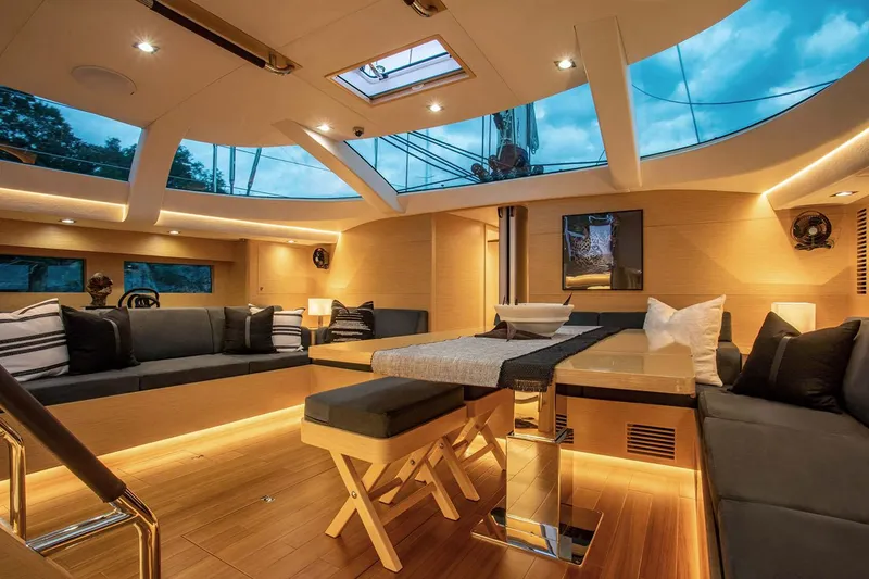 Slide: The Image of Manufacturer Provided Image: Luxurious interior of 2025 Hylas H57 yacht with modern design and ambient lighting. - 23