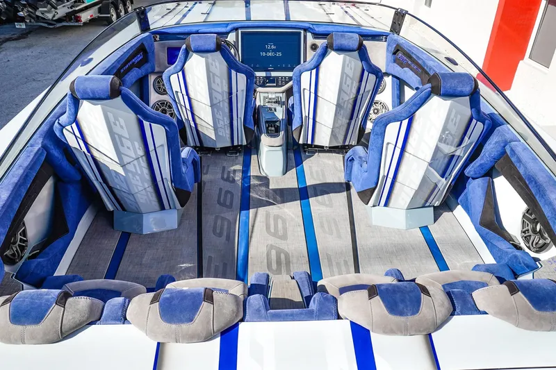 Slide: The Image of Luxury interior of 2026 Statement 396 boat with blue and white seating. - 14