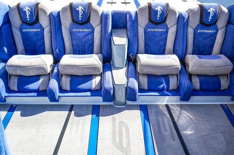 Slide: The Image of Luxurious blue and gray seating in 2026 Statement 396 model boat interior. - 21