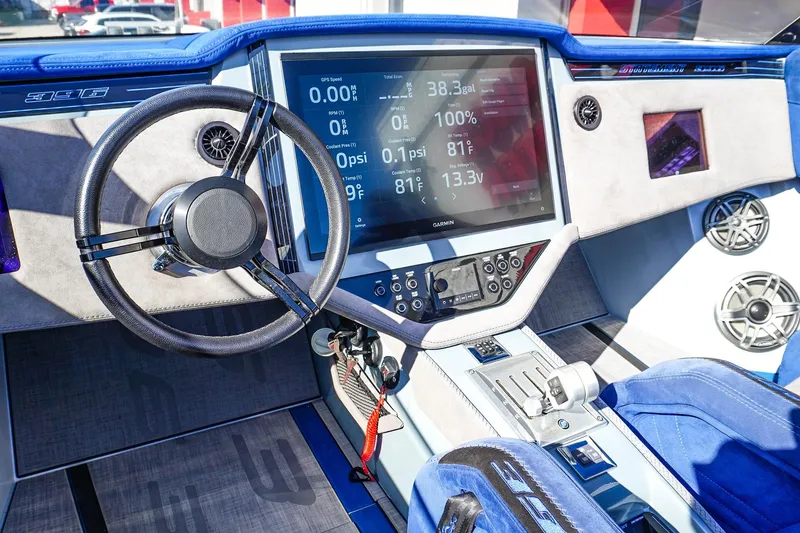 Slide: The Image of Futuristic 2026 Statement 396 boat dashboard with advanced digital controls and sleek design. - 27