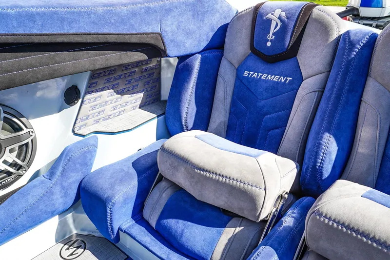 Slide: The Image of Luxurious blue and gray seating in 2026 Statement 396 model boat interior. - 30