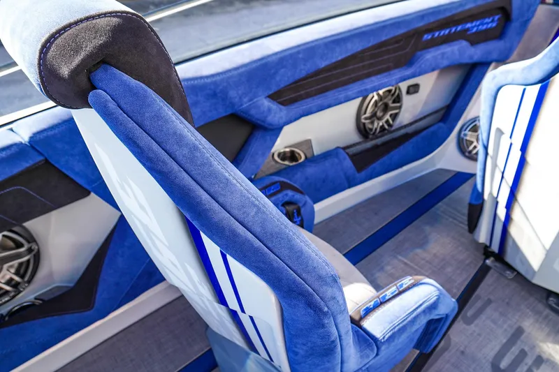 Slide: The Image of Luxurious blue interior of 2026 Statement 396 boat with premium seating and speakers. - 31