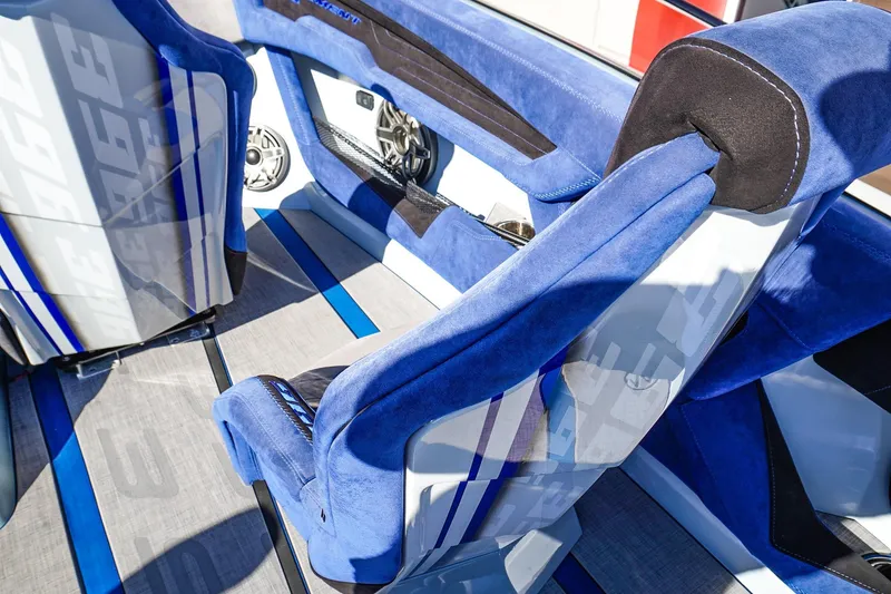 Slide: The Image of Luxurious blue interior of 2026 Statement 396 boat with sleek seating and modern design. - 32