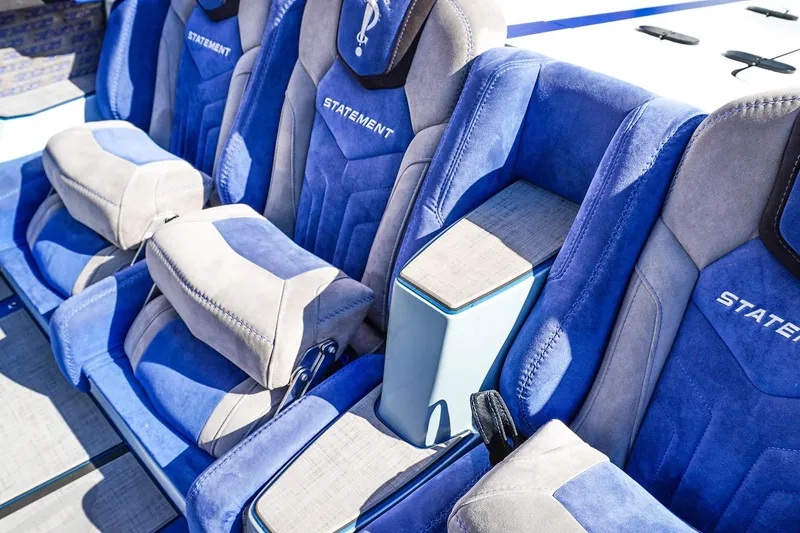 Slide: The Image of Luxurious blue and beige seating in 2026 Statement 396 model boat interior. - 38