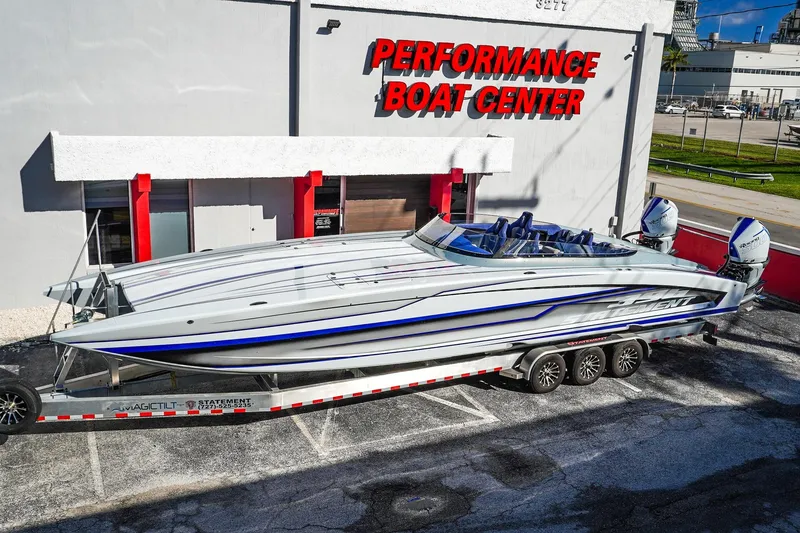 Slide: The Image of High-performance Statement 396 boat at Performance Boat Center, 2026 model, on a trailer. - 4