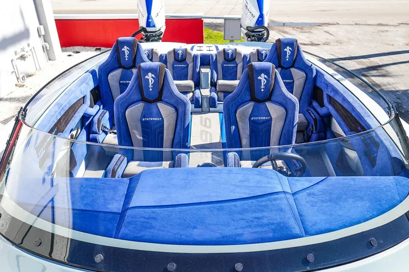 Slide: The Image of Luxurious blue interior of 2026 Statement 396 boat with plush seating and modern design. - 48