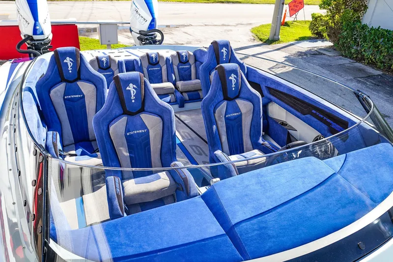 Slide: The Image of Luxurious blue interior of 2026 Statement 396 boat with plush seating and modern design. - 50