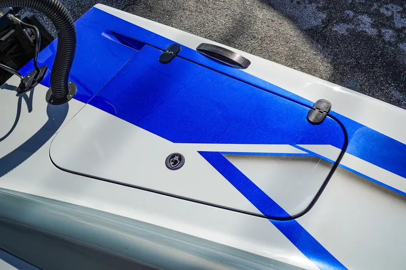 Slide: The Image of Blue and white boat deck of 2026 Statement 396 model with handle and latch. - 51