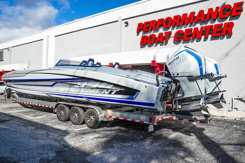 Slide: The Image of 2026 Statement 396 powerboat on trailer at Performance Boat Center. - 7
