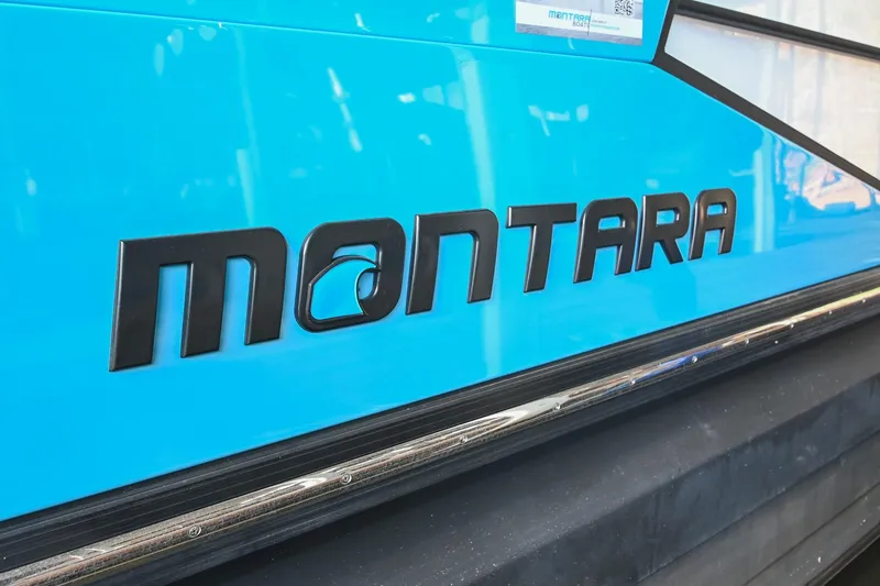 Slide: The Image of Blue Montara 25 Monntara 2.0 boat, 2023 model, with bold black lettering. - 10
