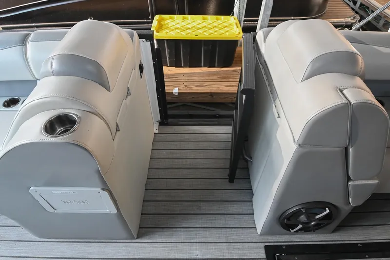 Slide: The Image of 2023 Montara 25 Monntara 2.0 boat interior with gray seating and cup holders. - 32