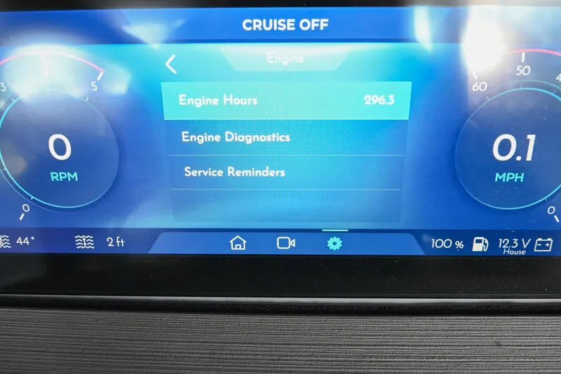 Slide: The Image of Dashboard display of 2023 Montara 25 Monntara 2.0 showing engine hours and diagnostics. - 49