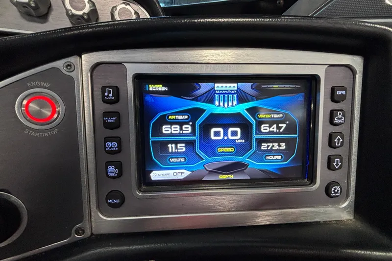 Slide: The Image of Dashboard of a 2017 MasterCraft X46 boat showing temperature and speed metrics. - 38