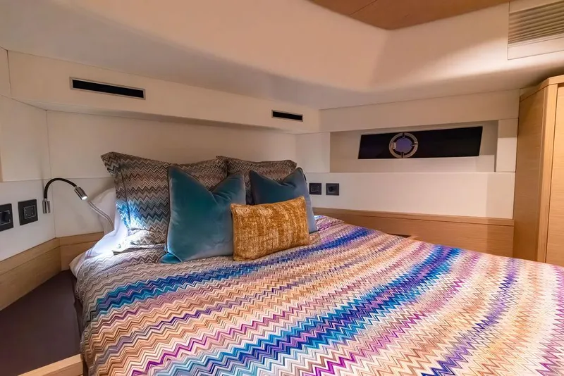 Slide: The Image of Luxurious bedroom interior of 2023 Pardo Yachts Endurance 60 with colorful bedding. - 20