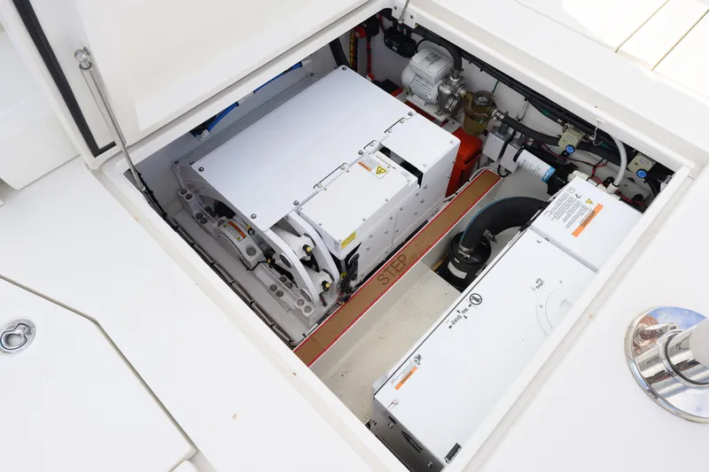 Slide: The Image of 2022 SeaVee 450Z engine compartment showcasing advanced marine technology. - 16