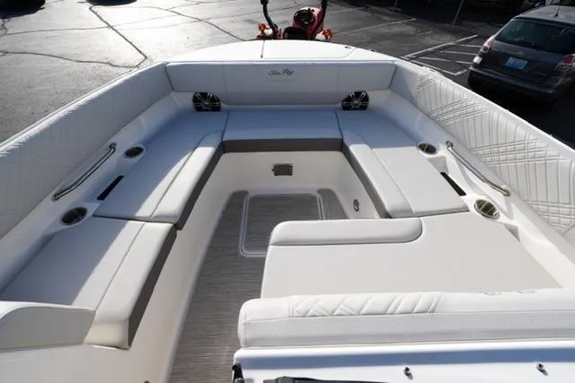 Slide: The Image of 2025 Sea Ray SDX 270 boat interior with spacious seating and modern design. - 10